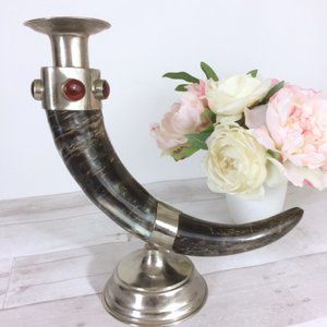 Amber Stone Embellished Polished Horn  Candle Holder
